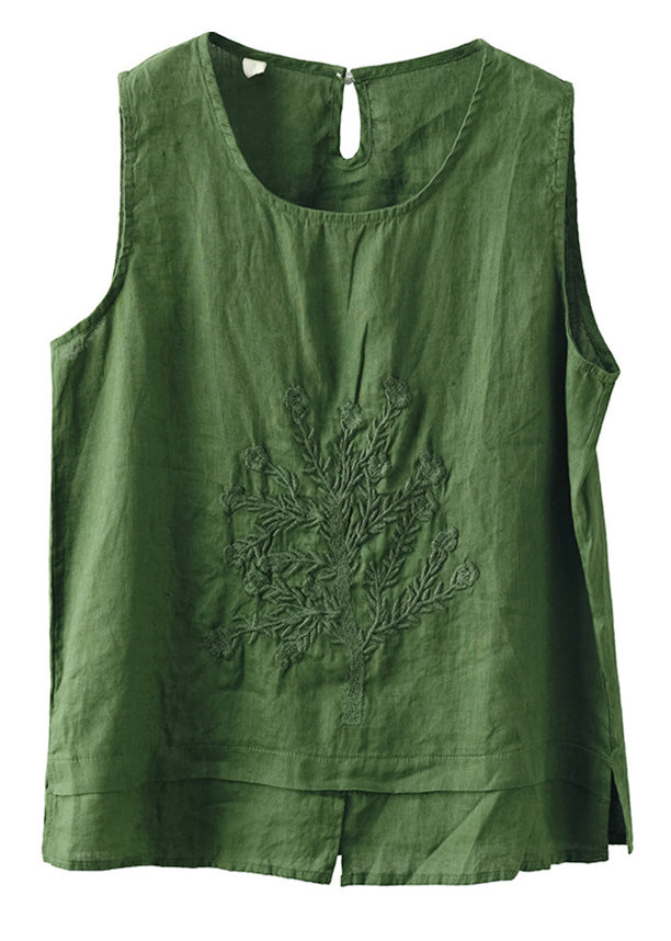 Green O-neck Embroideried Patchwork Side Open Linen Vest Summer