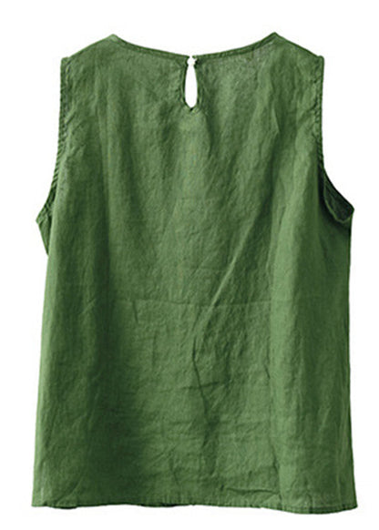 Green O-neck Embroideried Patchwork Side Open Linen Vest Summer