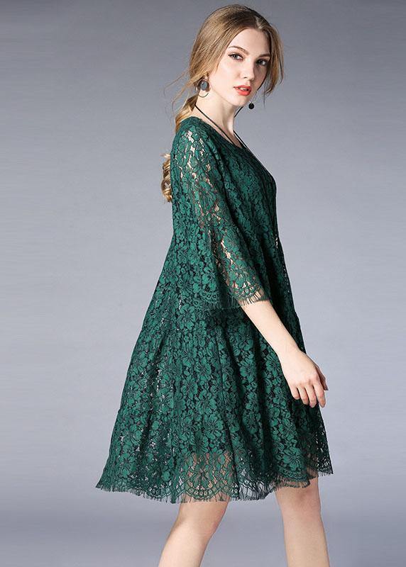 Green O-neck Lace Spring Vacation Dress Half Sleeve