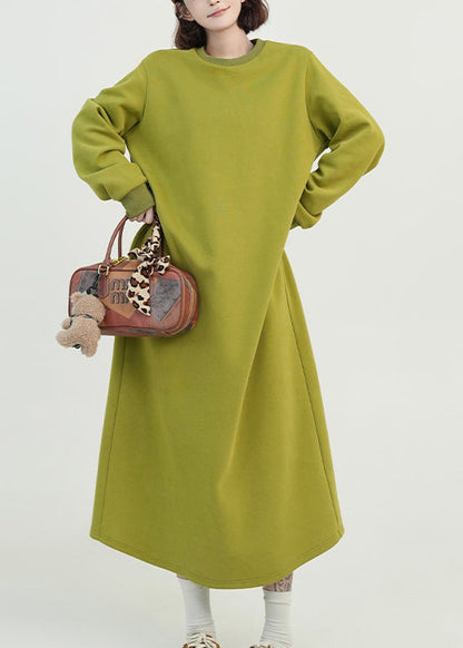 Green O Neck Long Cotton Straight Dress Spring