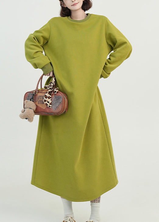 Green O Neck Long Cotton Straight Dress Spring