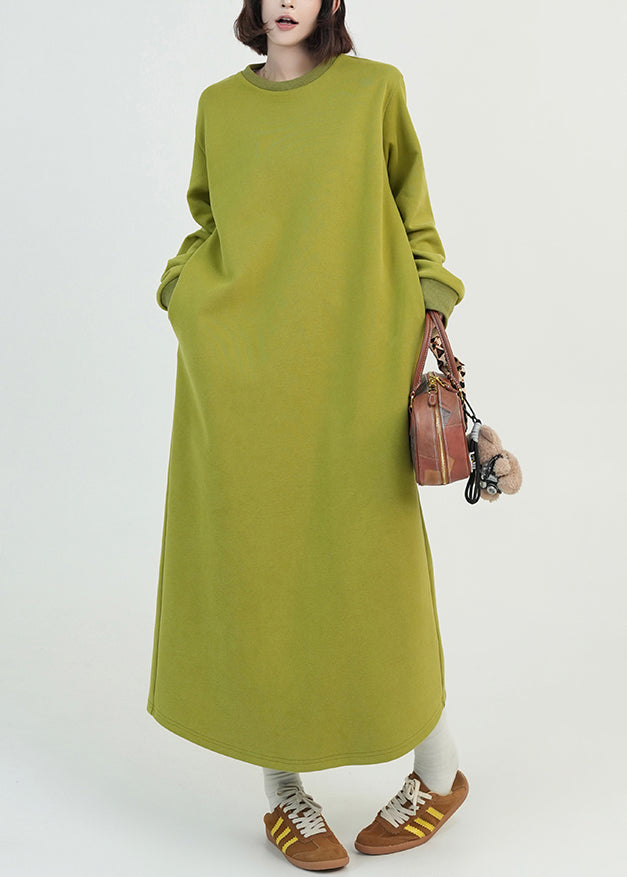 Green O Neck Long Cotton Straight Dress Spring