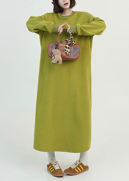 Green O Neck Long Cotton Straight Dress Spring