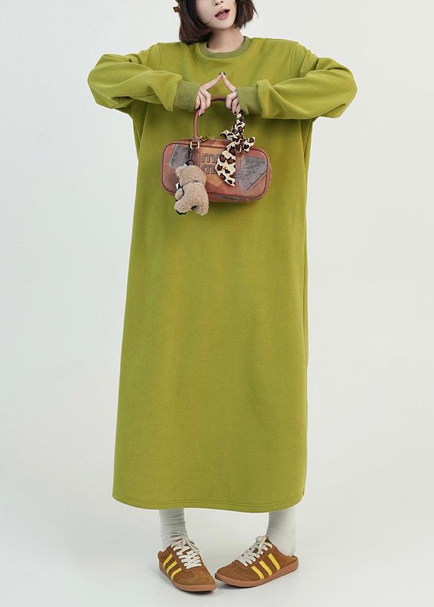 Green O Neck Long Cotton Straight Dress Spring
