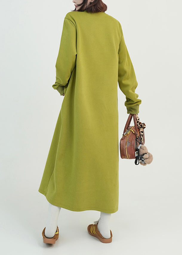 Green O Neck Long Cotton Straight Dress Spring