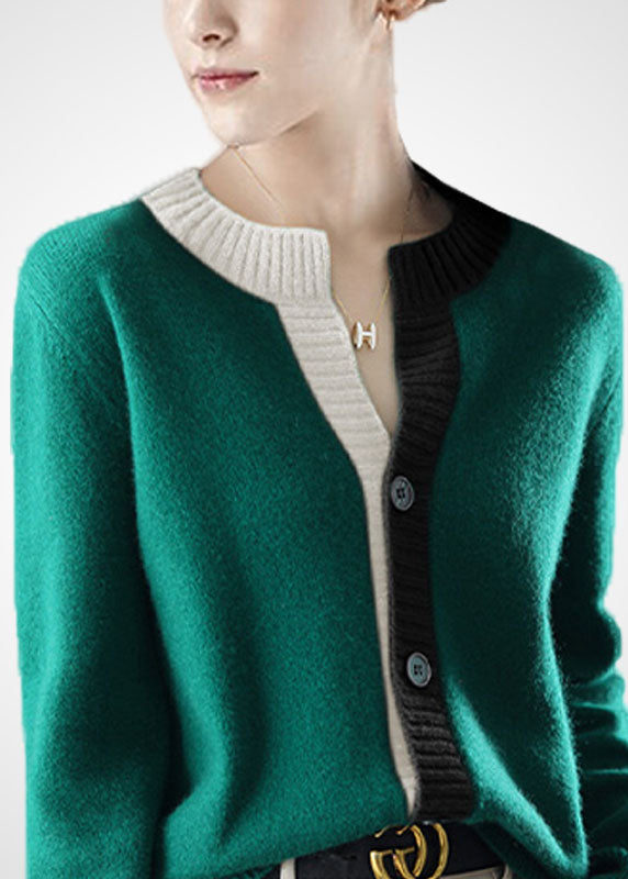 Green O-neck Patchwork Button Wool Knit Cardigans Winter