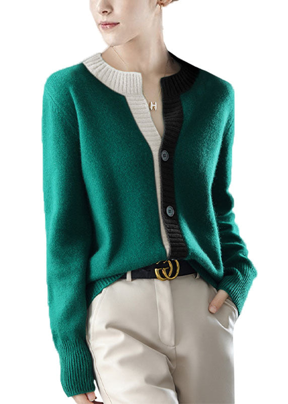 Green O-neck Patchwork Button Wool Knit Cardigans Winter