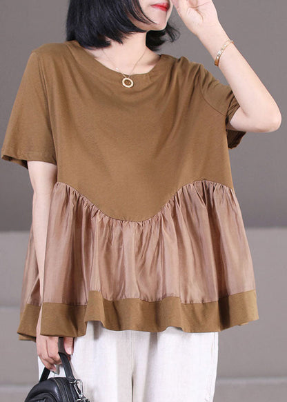 Green O-neck Patchwork Cotton Tank Tops Short Sleeve