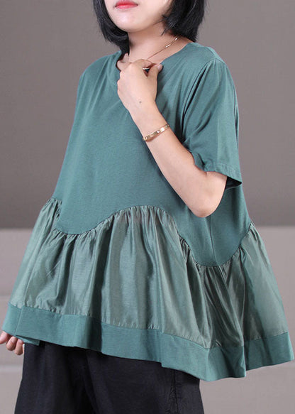 Green O-neck Patchwork Cotton Tank Tops Short Sleeve