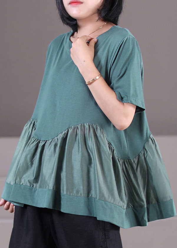 Green O-neck Patchwork Cotton Tank Tops Short Sleeve