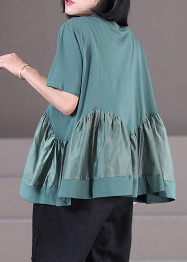 Green O-neck Patchwork Cotton Tank Tops Short Sleeve