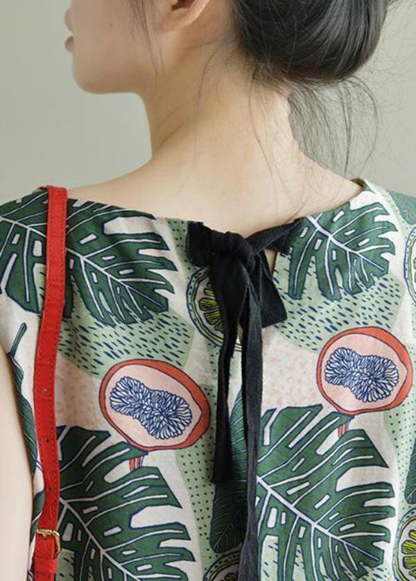 Green O-neck Print Bow Cotton a Line Dress Sleeveless