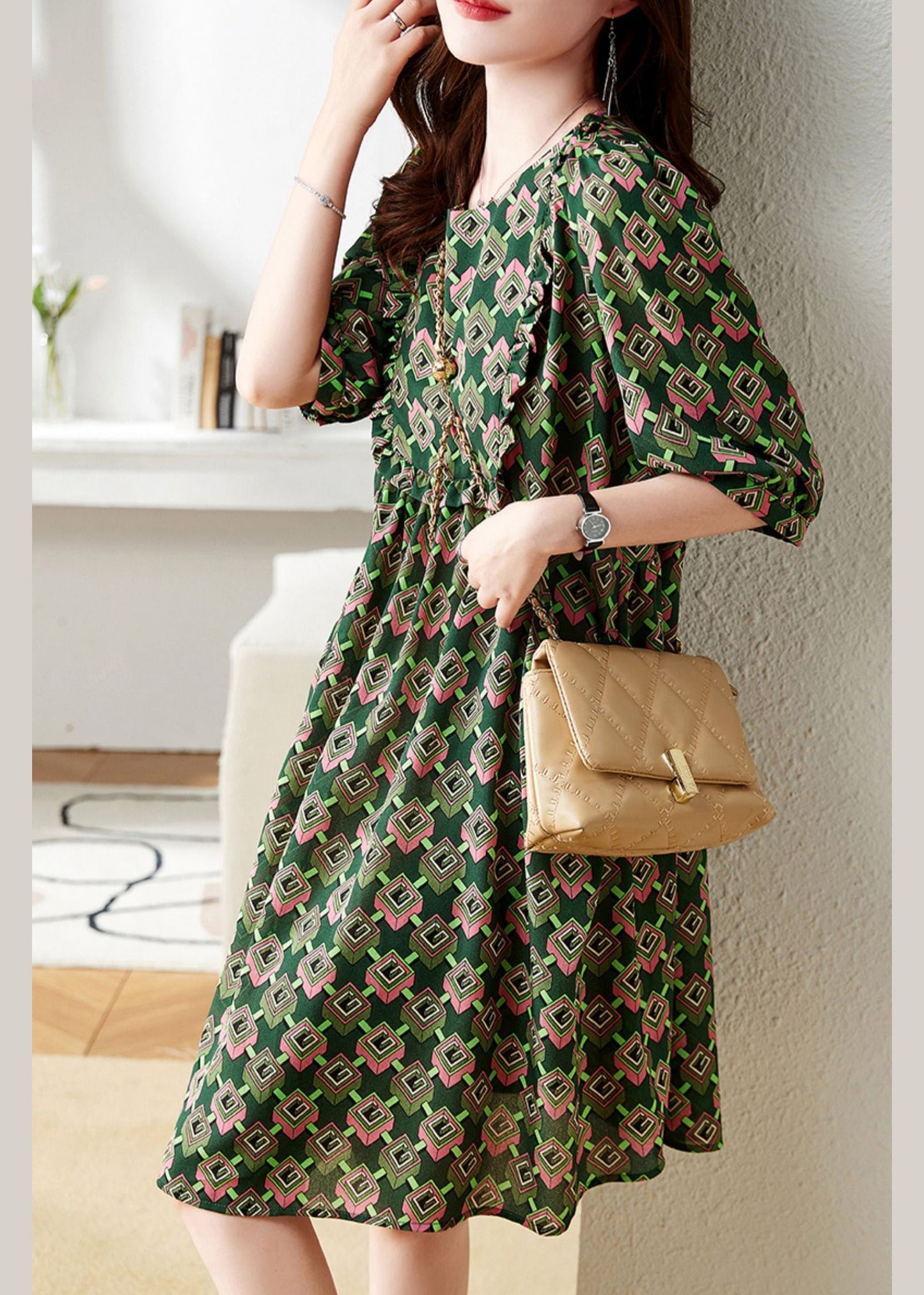 Green O-neck Print Chiffon Maxi Dress Summer