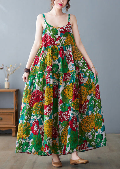 Green O-neck Print Wrinkled Cotton Slip Long Dress Summer