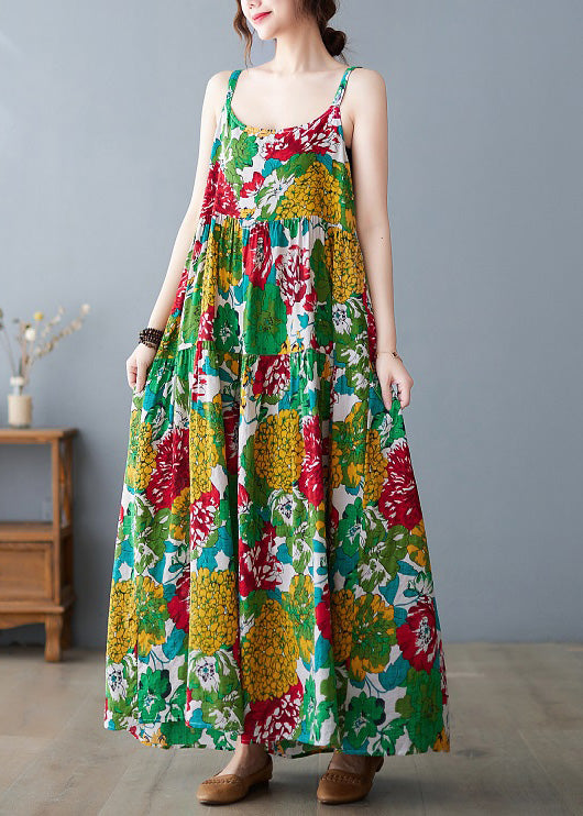 Green O-neck Print Wrinkled Cotton Slip Long Dress Summer