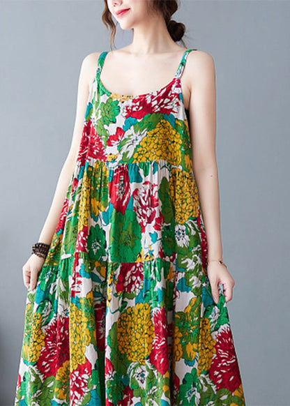 Green O-neck Print Wrinkled Cotton Slip Long Dress Summer