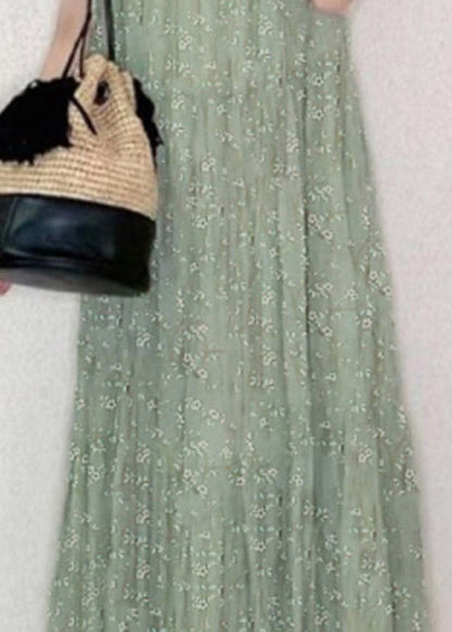 Green O-neck Ruffled Print Holiday Long Dress Summer
