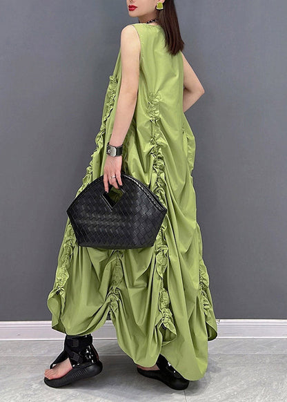 Green O-neck Wrinkled Pockets Chiffon Dresses Sleeveless