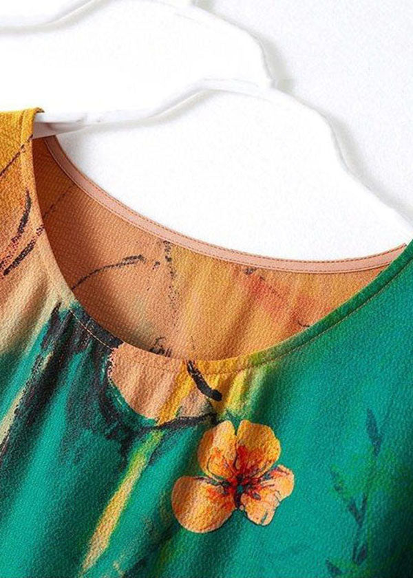 Green O-neck Wrinkled Print Draping Silk Party Dress Short Sleeve