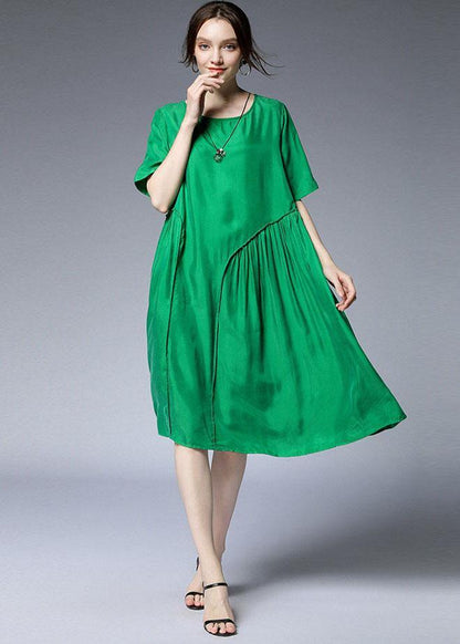 Green O-neck Wrinkled Summer Loose Two Pieces Set Short Sleeve