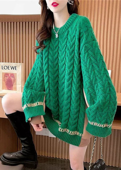 Green Oversized Patchwork Cozy Cable Knit Long Sweater Winter