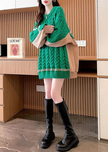 Green Oversized Patchwork Cozy Cable Knit Long Sweater Winter