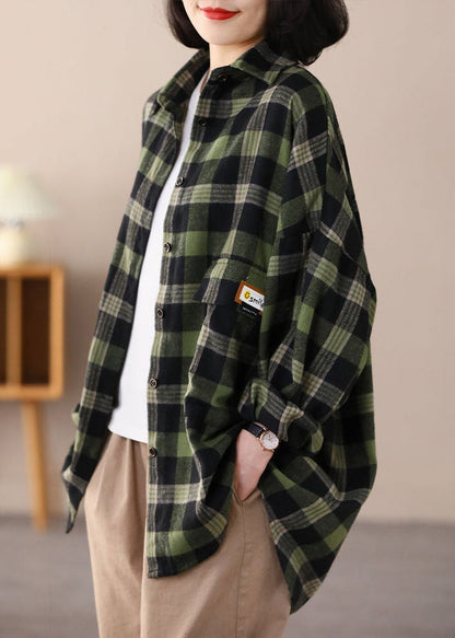 Green Oversized Plaid Applique Cotton Shirt Top Spring