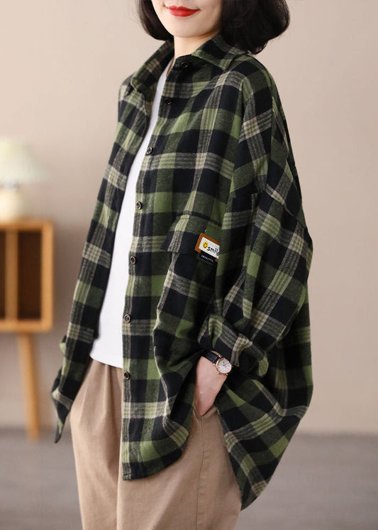 Green Oversized Plaid Applique Cotton Shirt Top Spring