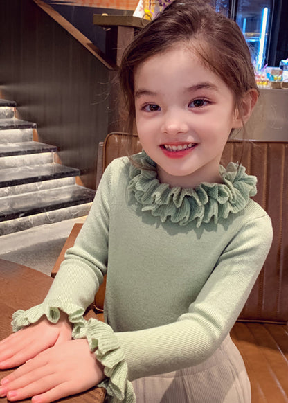 Green Patchwork Cotton Knit Sweater Petal Sleeve