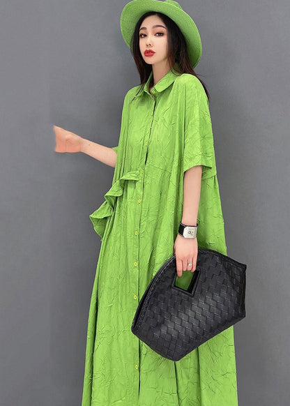Green Peter Pan Collar Asymmetrical Design Ruffled Vacation Dresses Short Sleeve
