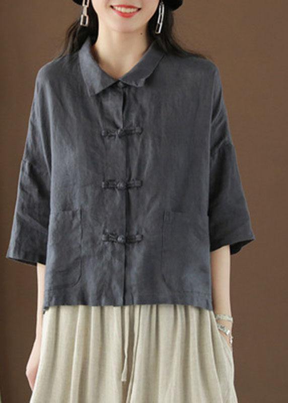 Gray Geometry Peter Pan Collar Pockets Summer Linen Top