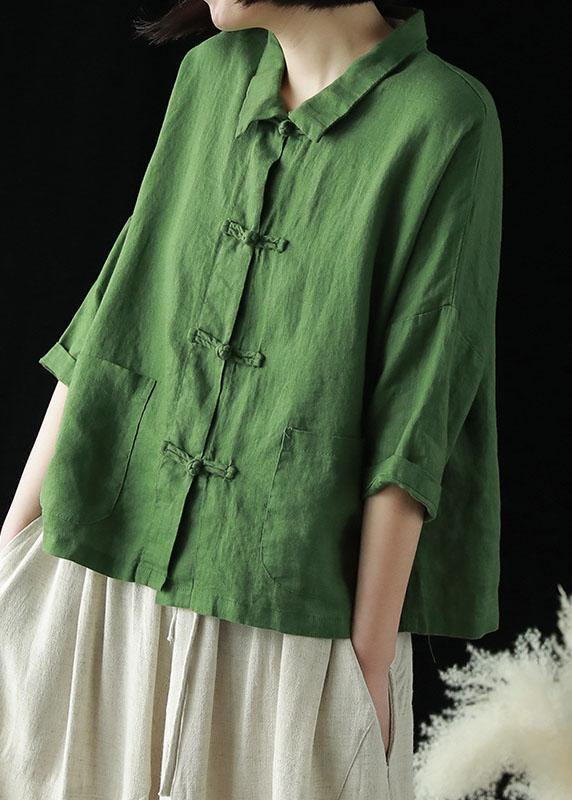 Blue Cashew Nuts Peter Pan Collar Pockets Summer Linen Top