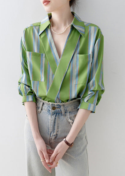 Green Peter Pan Collar Striped Cotton Shirt Top Half Sleeve