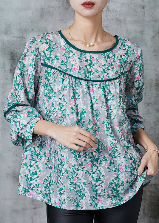 Green Print Chiffon Loose Shirt Spring