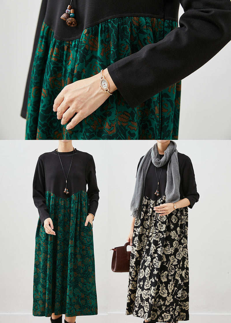 Green Print Patchwork Cotton Maxi Dress Fall