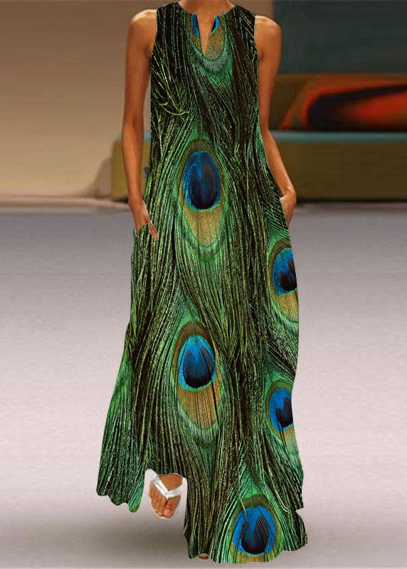 Green Print Pockets Chiffon Beach Dress Sleeveless