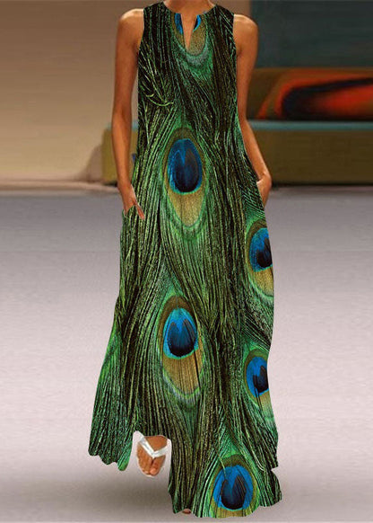 Green Print Pockets Chiffon Beach Dress Sleeveless