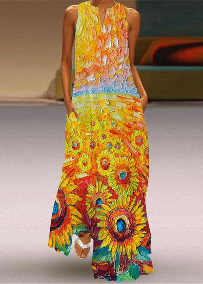 Green Print Pockets Chiffon Beach Dress Sleeveless