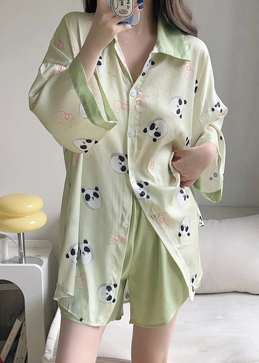 Green Print Shirts and Shorts Ice Silk Pajamas Two Pieces Set Spring