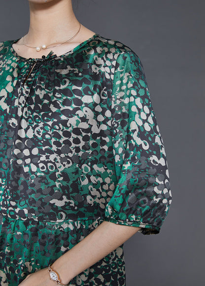 Green Print Tie Waist Silk Dress Summer