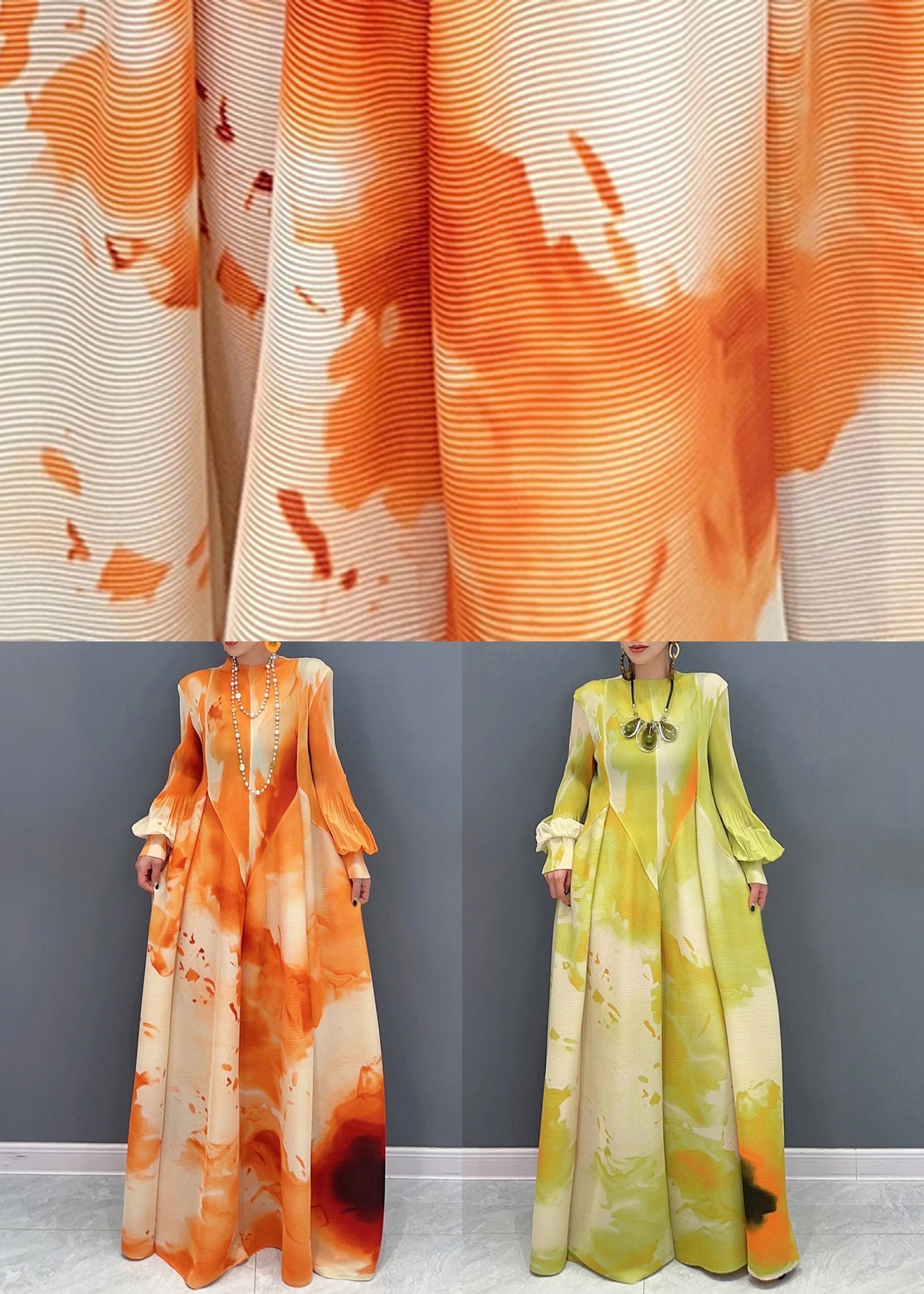 Green Print Wrinkled Cotton Maxi Dresses Puff Sleeve