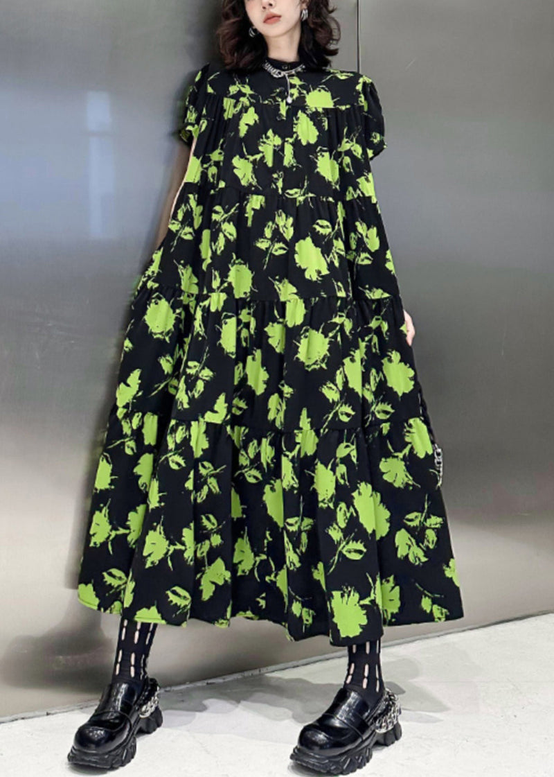 Green Print Wrinkled Patchwork Cotton Long Dresses Summer