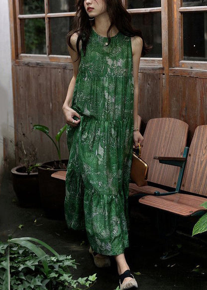 Green Print Wrinkled Silk Cotton Dress Sleeveless