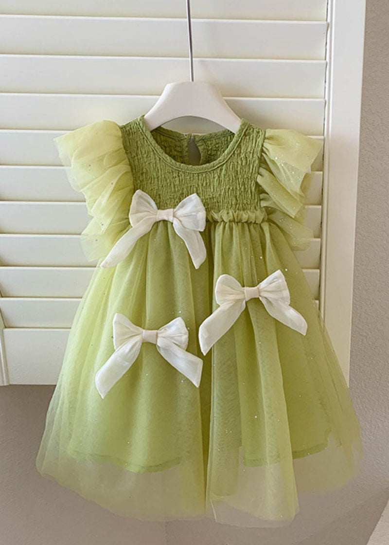 Green Ruffled Bow Patchwork Tulle Kids Princess Dress Summer