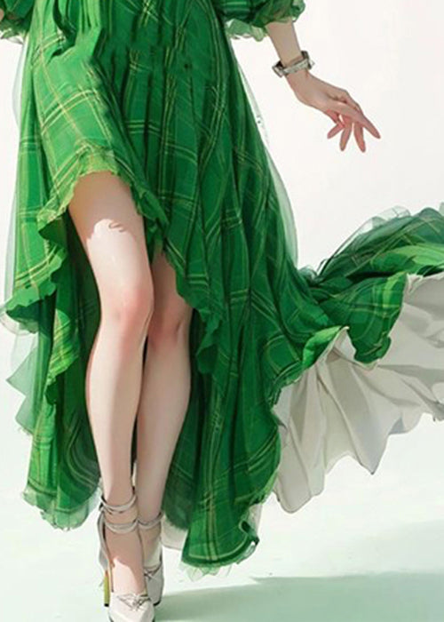 Green Ruffled Patchwork Cotton Spaghetti Strap Dresses Flare Sleeve