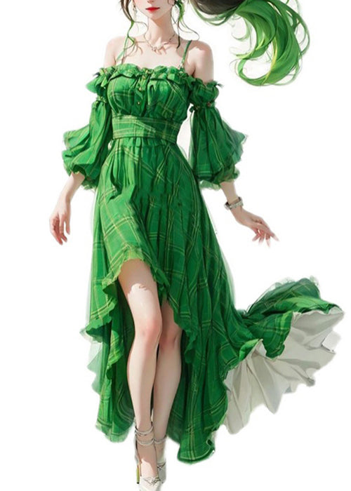 Green Ruffled Patchwork Cotton Spaghetti Strap Dresses Flare Sleeve