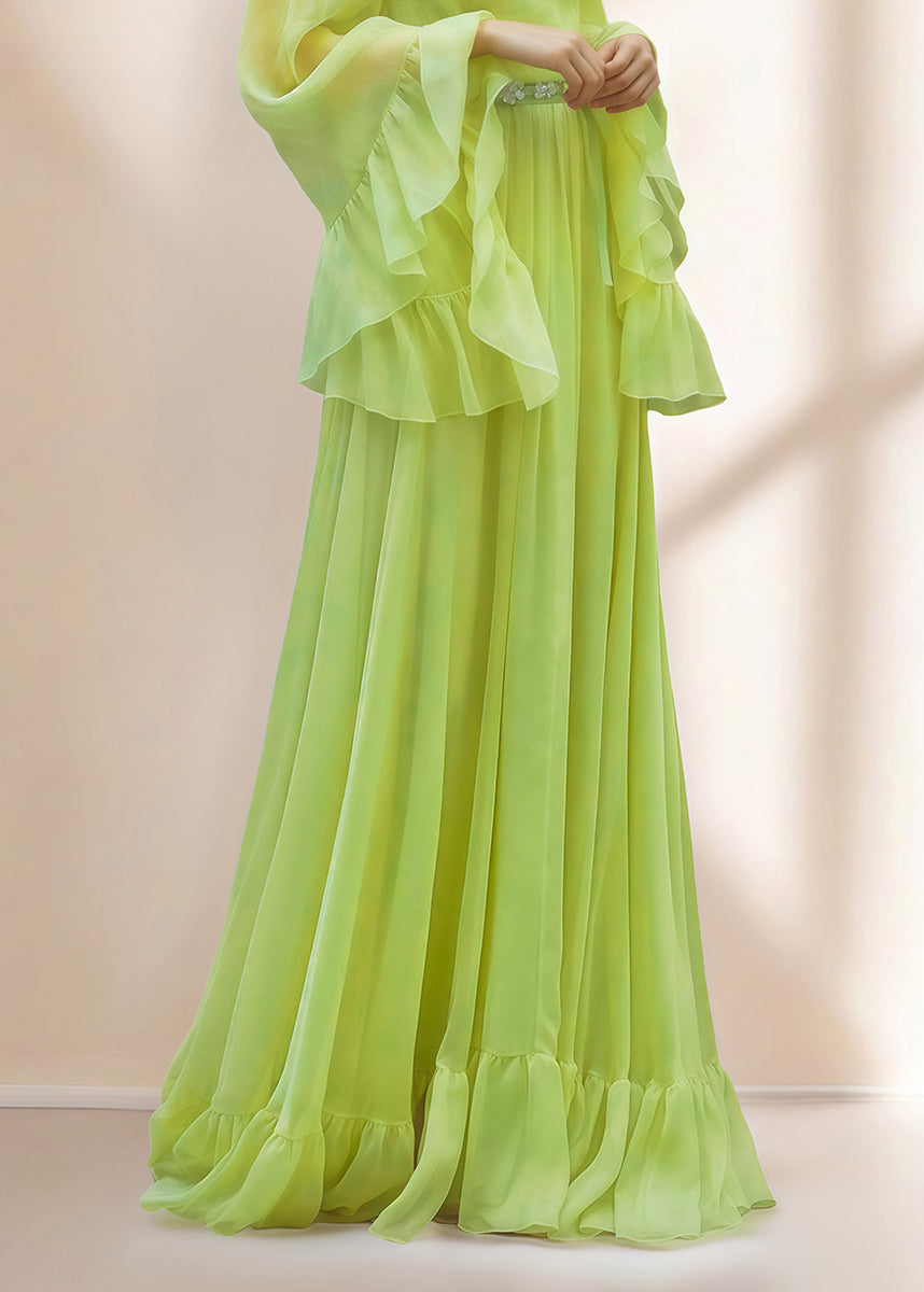 Green Ruffled Patchwork Silk Dresses Spring