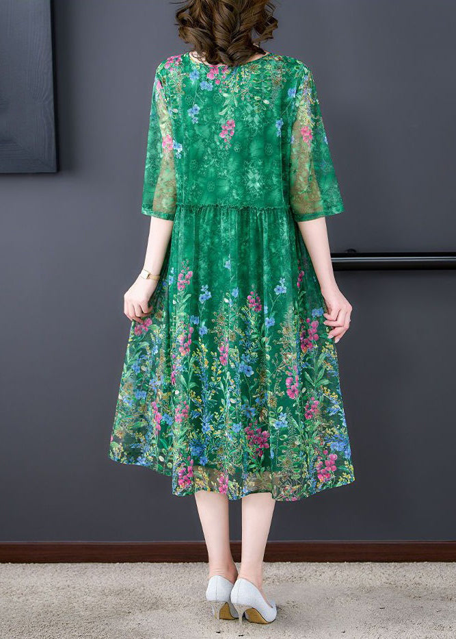Green Ruffled Print Tulle Dress Half Sleeve
