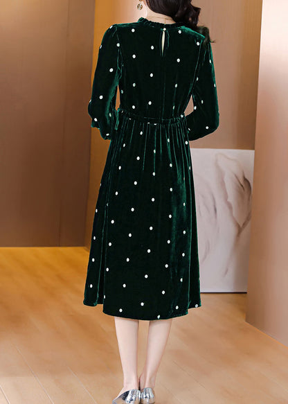 Green Ruffled Wrinkled Drawstring Patchwork Velour Dress Fall