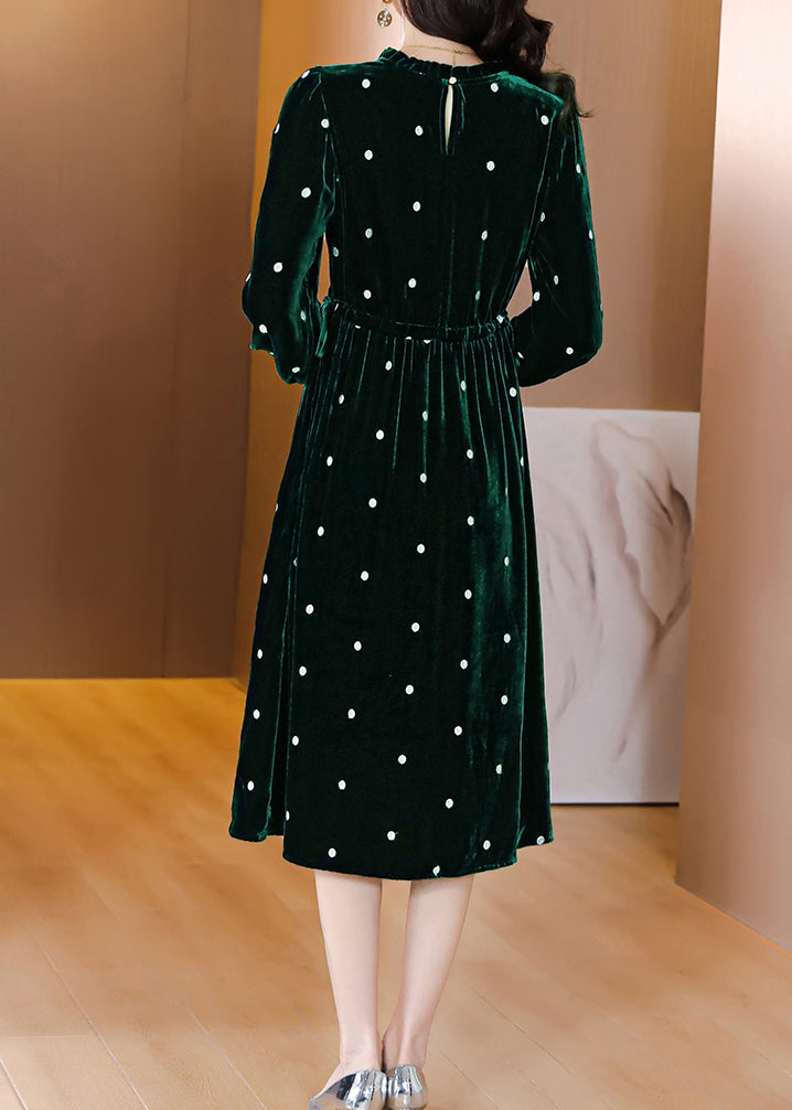 Green Ruffled Wrinkled Drawstring Patchwork Velour Dress Fall
